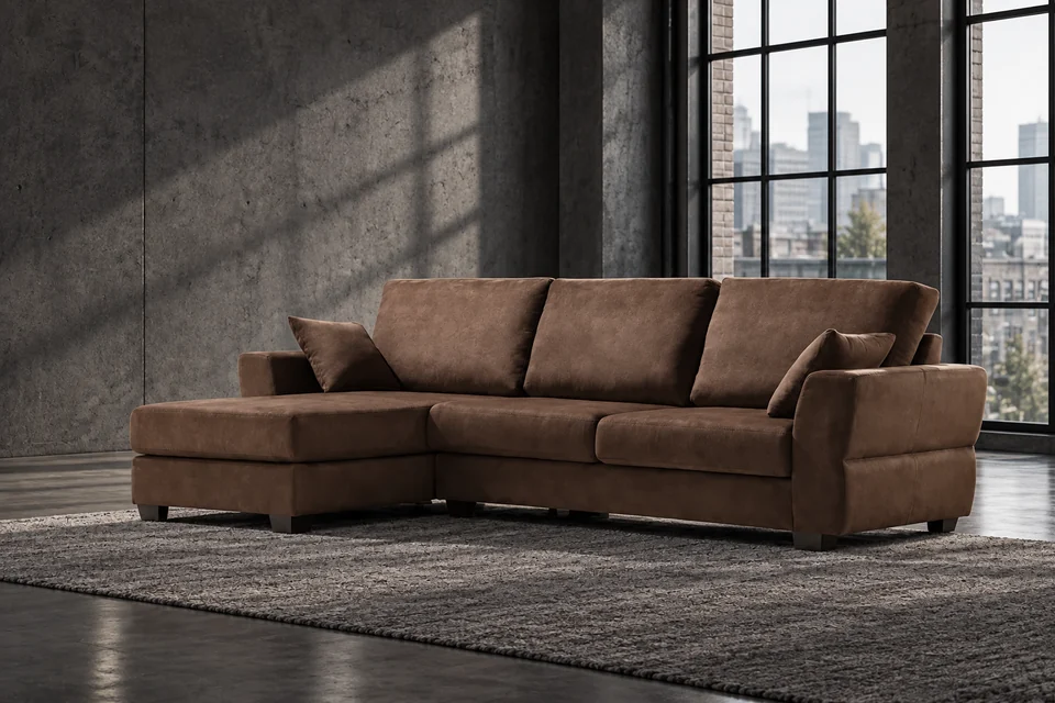 Nicollo S2790 brown fabric sofa in a digitally restyled setting