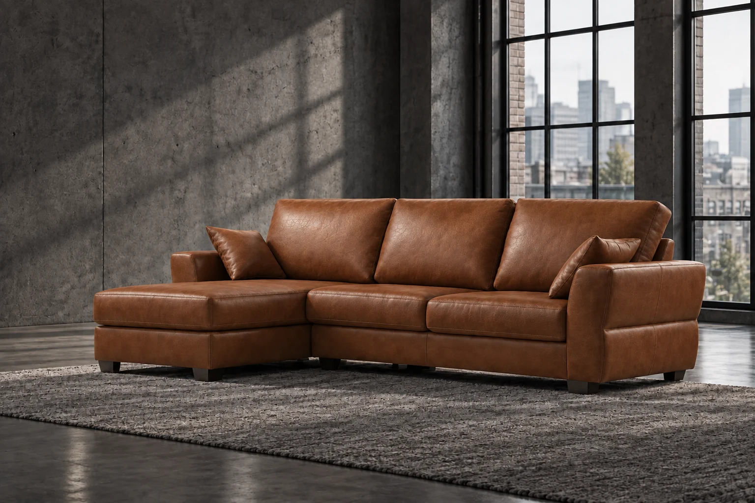 S2790 sofa with an illustrative cognac finish in an industrial living room