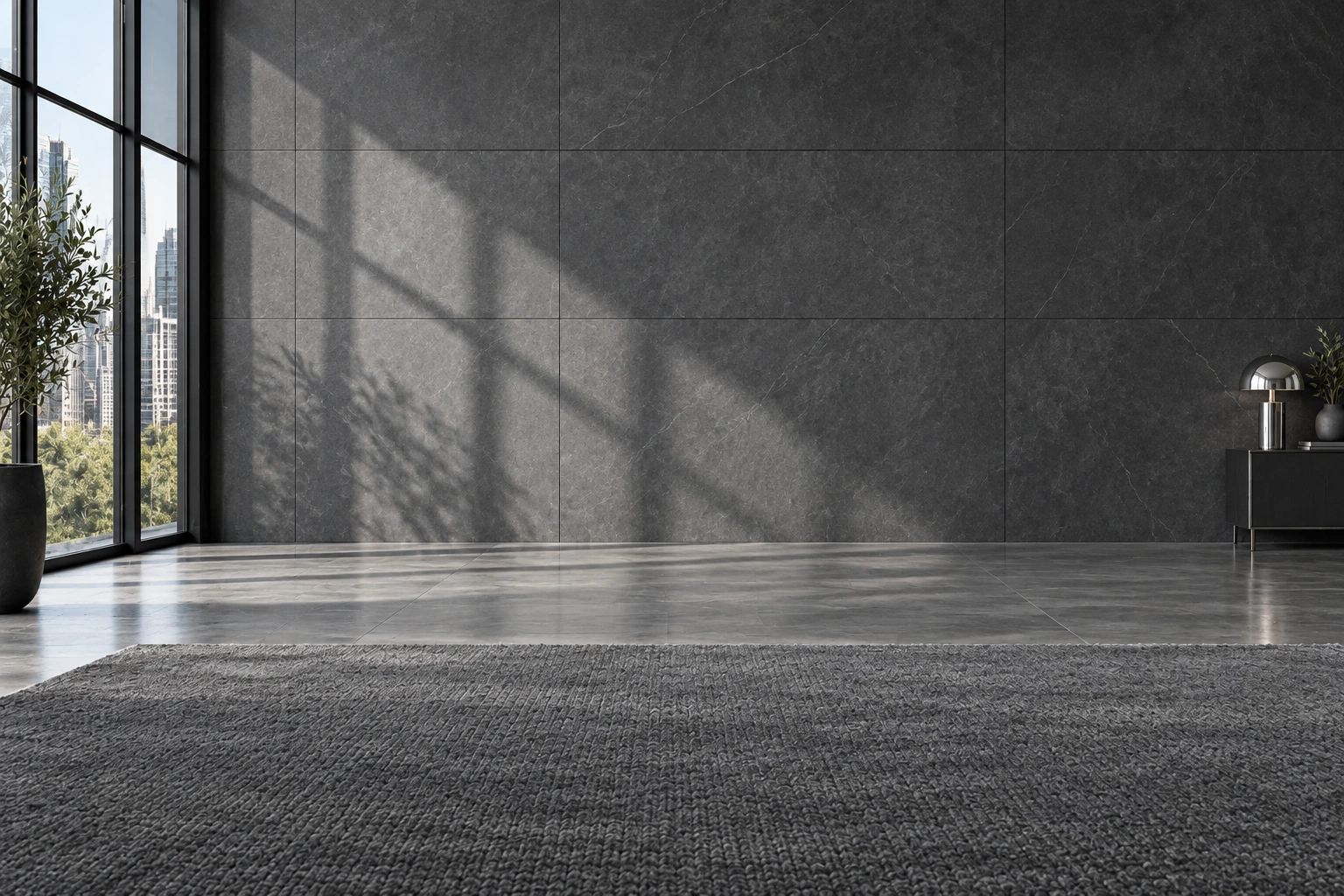 Modern charcoal stone room with city windows